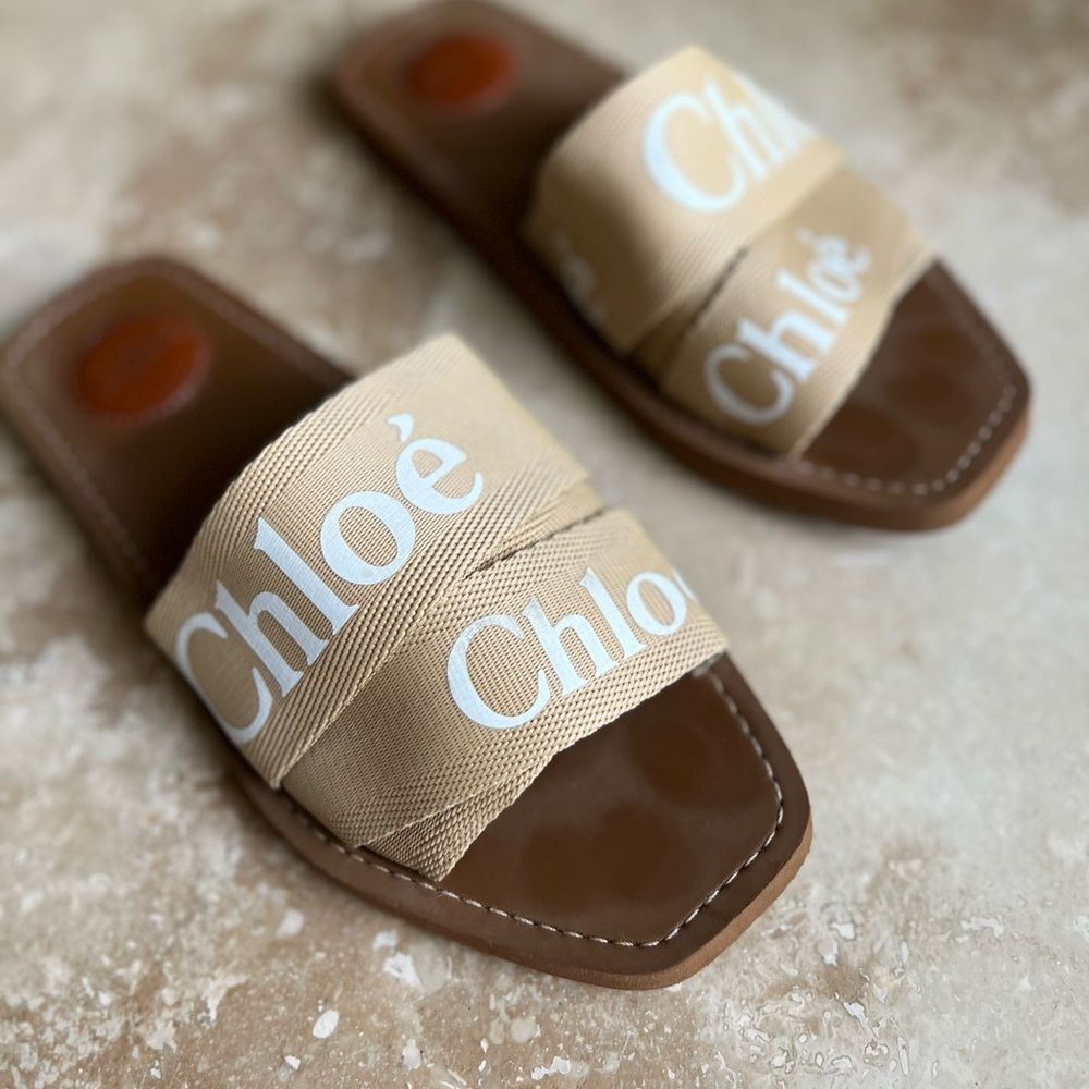 Chloe Woody Flat Logo Ribbon Slides